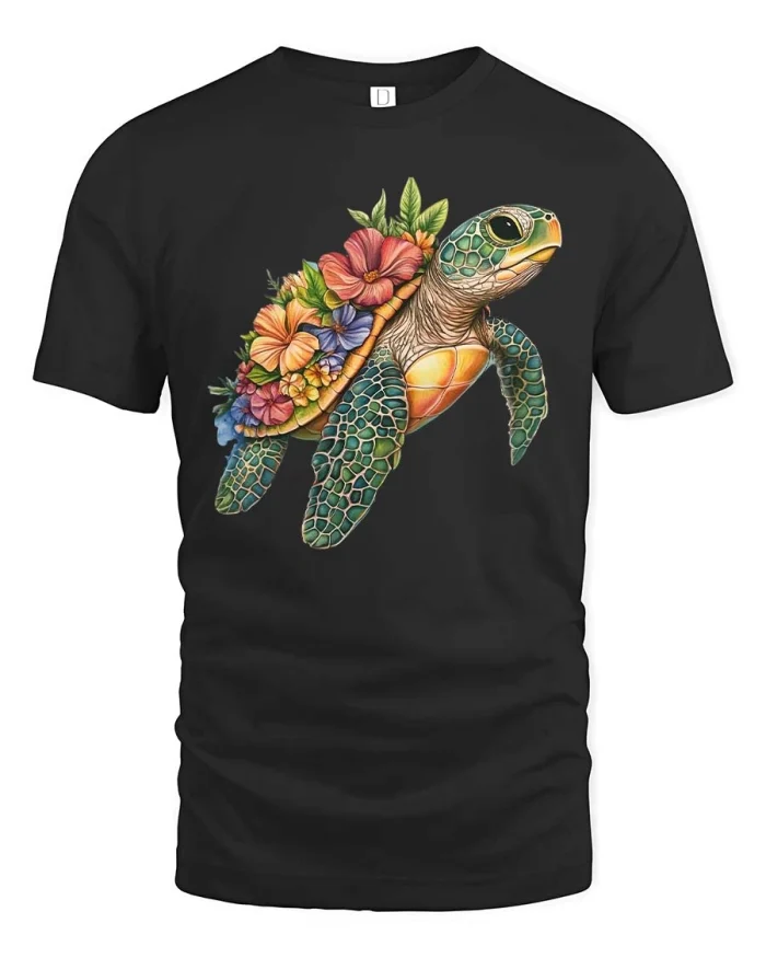 Sea Turtle Floral Graphic T Shirt Tropical Nature Art Style - black t-shirt on white background