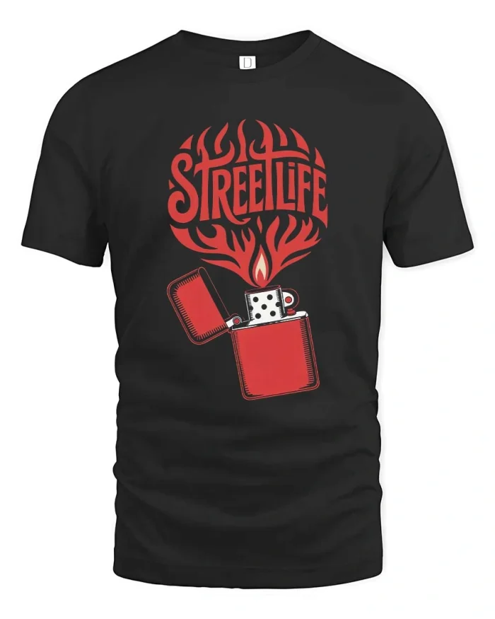 Street Life Lighter Flame Graphic T Shirt Urban Style Art - black t-shirt on white background