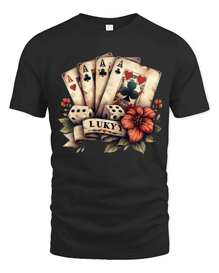 Lucky Poker Cards Dice Floral Graphic T Shirt Vintage Style - black t-shirt on white background