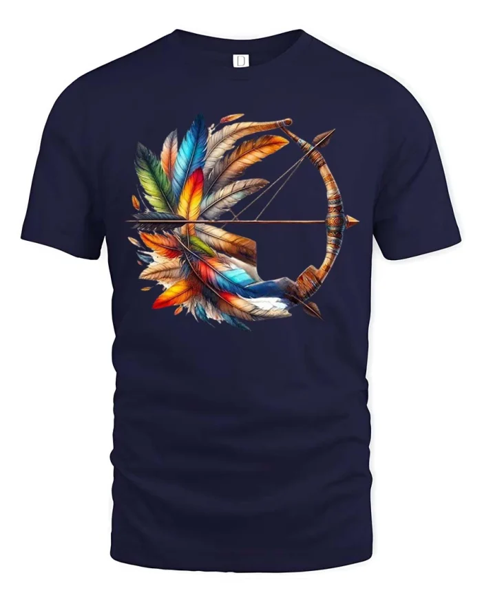 Tribal Feather Bow Arrow Graphic T Shirt Boho Style Art - navy t-shirt on white background
