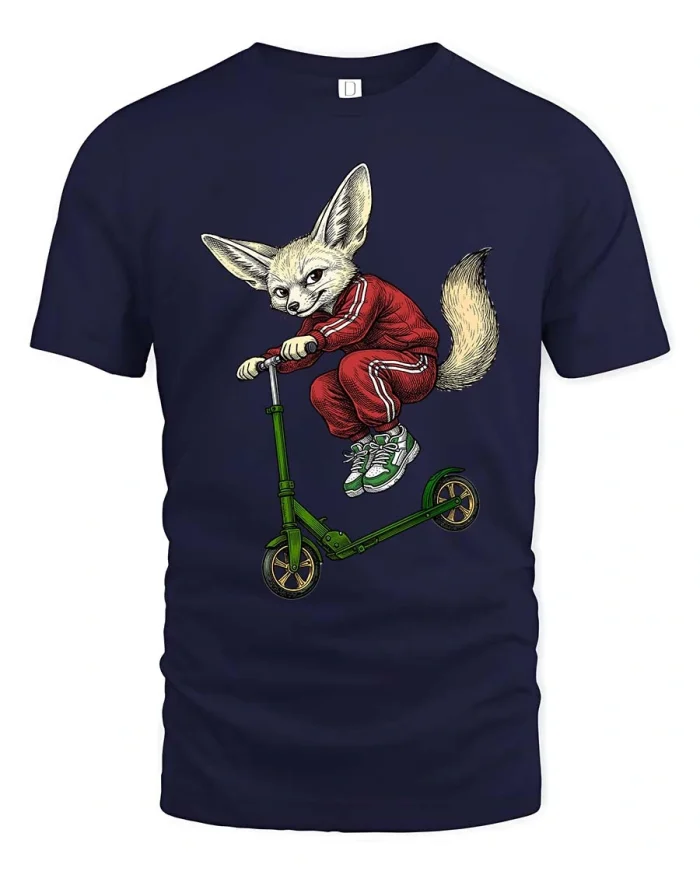Cool Fox Riding Scooter Graphic T Shirt Funny Street Style - navy t-shirt on white background