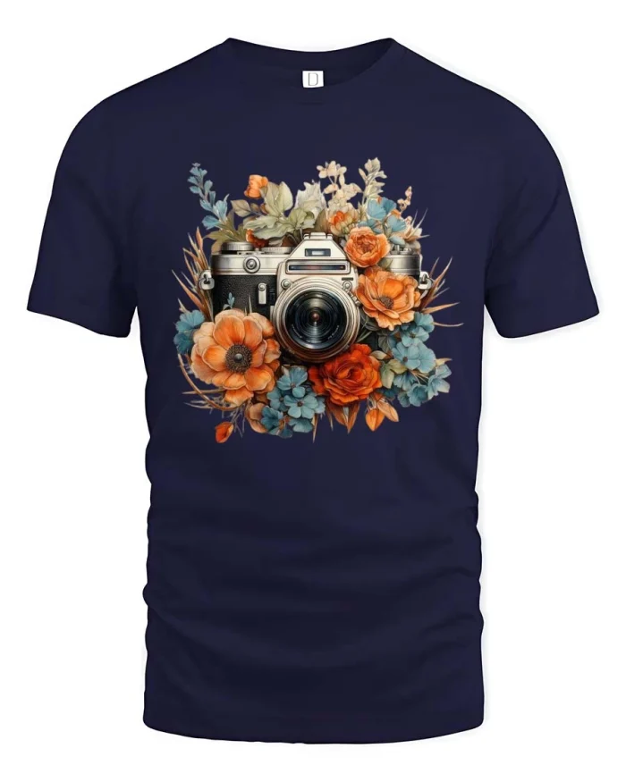 Vintage Camera Floral Graphic T Shirt Photography Art Style - navy t-shirt on white background