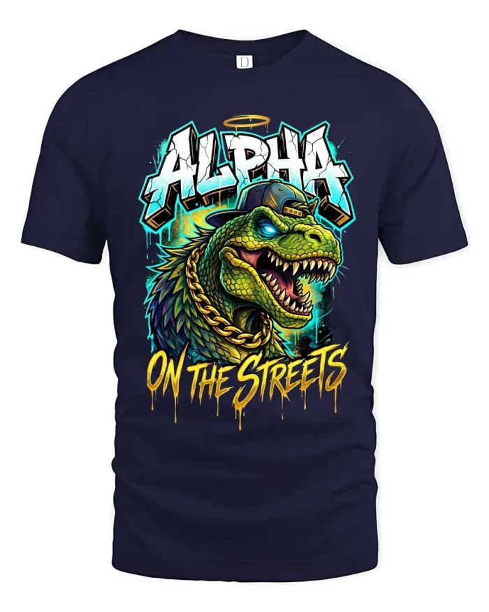 Alpha Dino Street Graphic T Shirt Urban Graffiti Style Art - navy t-shirt on white background