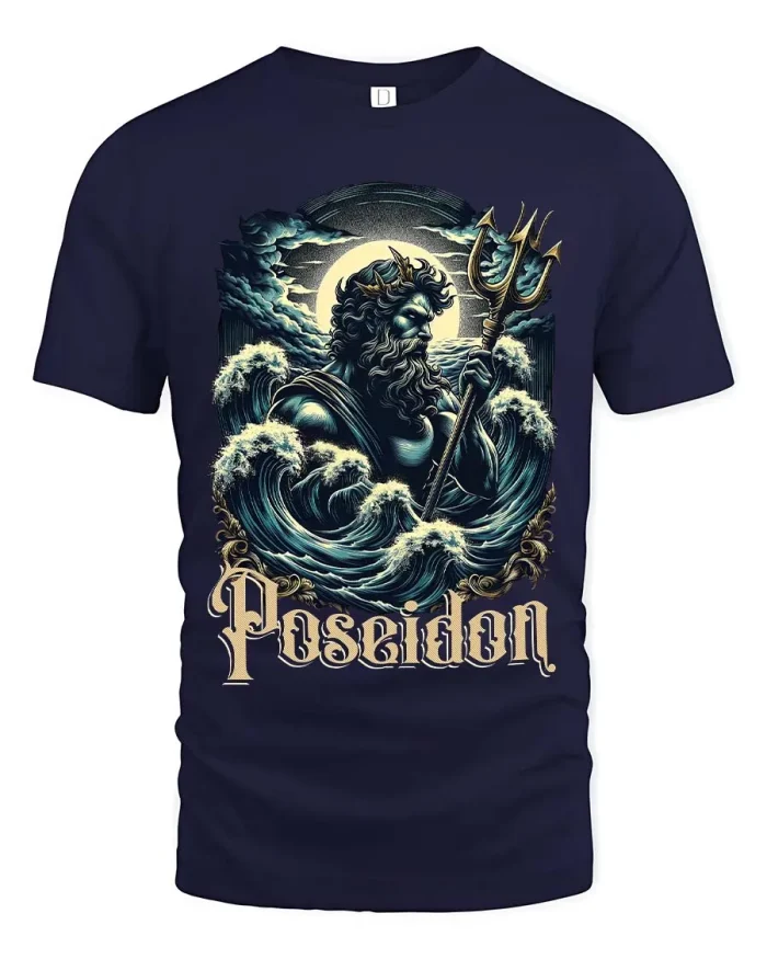 Poseidon God Of Sea Graphic T Shirt Mythology Art Style - navy t-shirt on white background