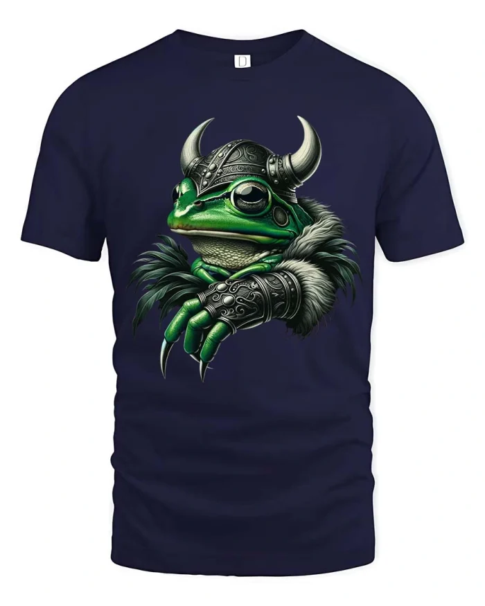Viking Frog Warrior Graphic T Shirt Funny Norse Style Art - navy t-shirt on white background