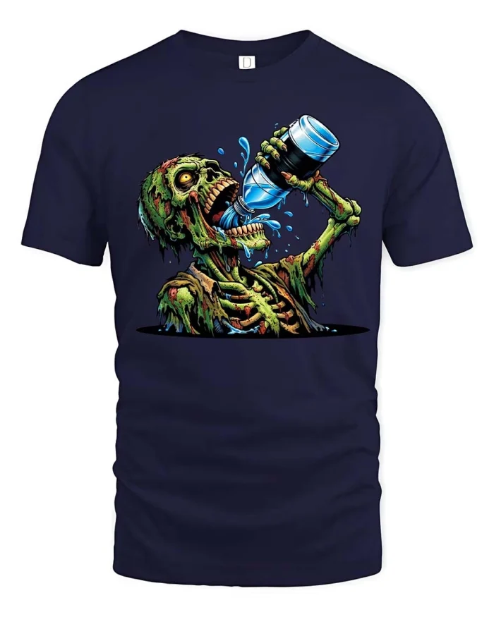 Thirsty Zombie Drinking Water Graphic T Shirt Funny Horror - navy t-shirt on white background