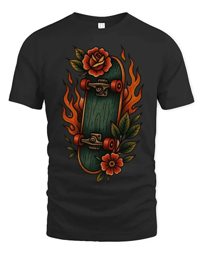 Vintage Skateboard Rose Flame Graphic T Shirt Street Style - black t-shirt on white background