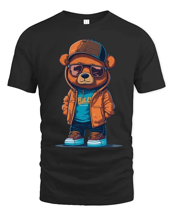 Cool Streetwear Bear Sunglasses Graphic T Shirt Urban Style - black t-shirt on white background