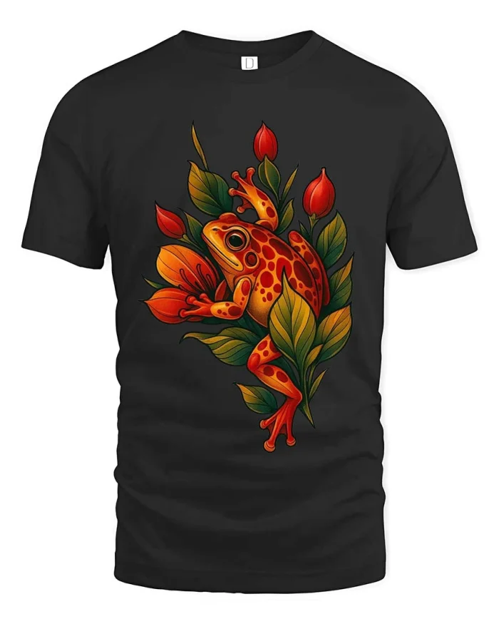 Colorful Frog Floral Graphic T Shirt Nature Art Style - black t-shirt on white background