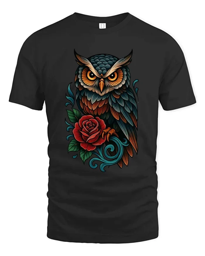 Majestic Owl Rose Floral Graphic T Shirt Tattoo Style Art - black t-shirt on white background