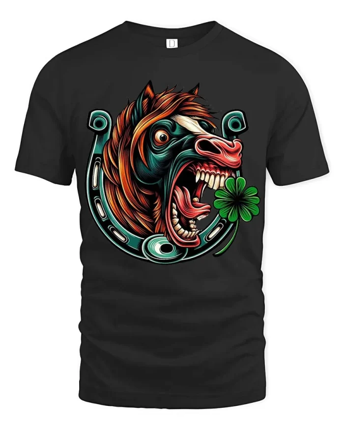 Crazy Horse Lucky Clover Graphic T Shirt Funny Wild Style - black t-shirt on white background