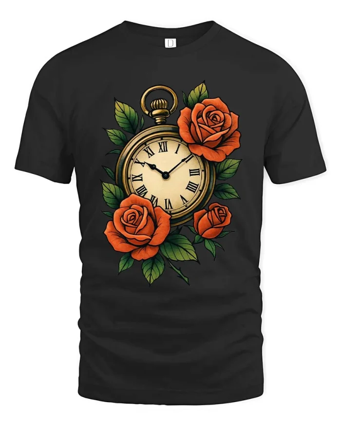 Vintage Pocket Watch Rose Floral Graphic T Shirt Classic Style - black t-shirt on white background