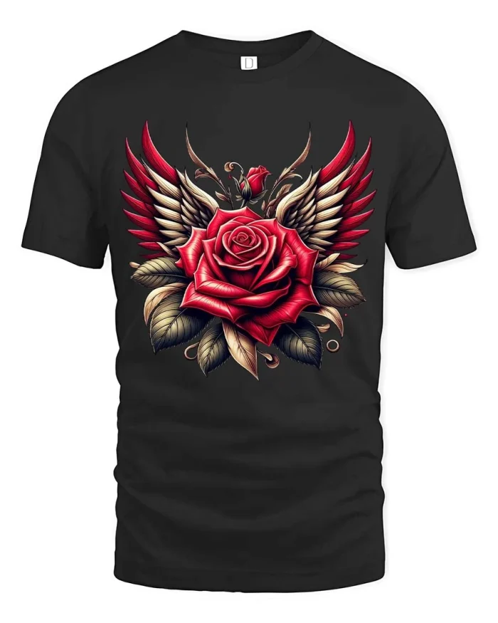 Red Rose Wings Graphic T Shirt Tattoo Style Artistic Design - black t-shirt on white background