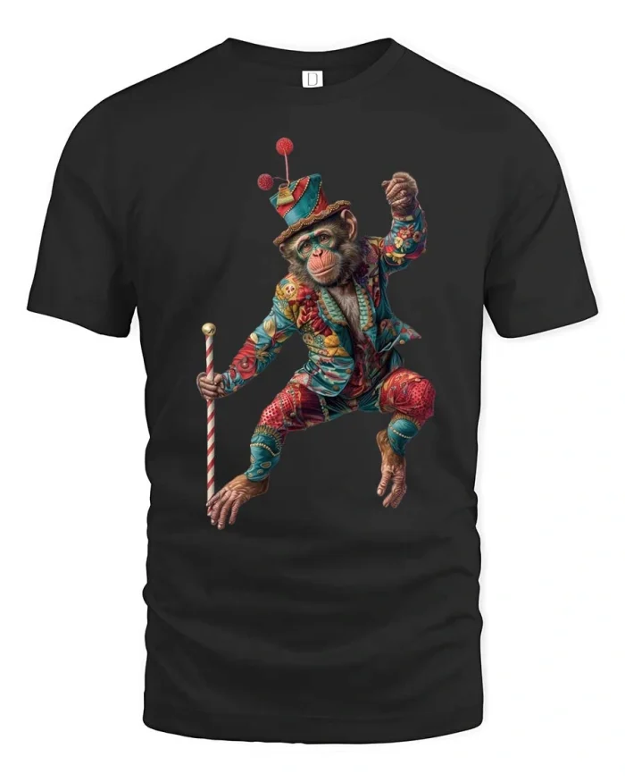 Funny Circus Monkey Cane Dance Graphic T Shirt Colorful Style - black t-shirt on white background