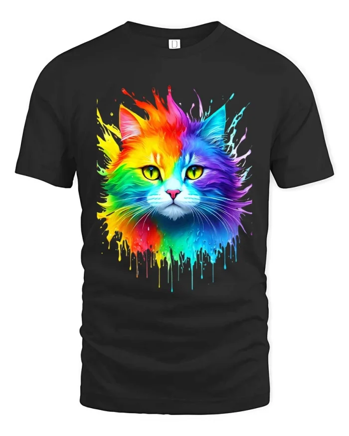 Colorful Rainbow Cat Paint Splash Graphic T Shirt Art Style - black t-shirt on white background