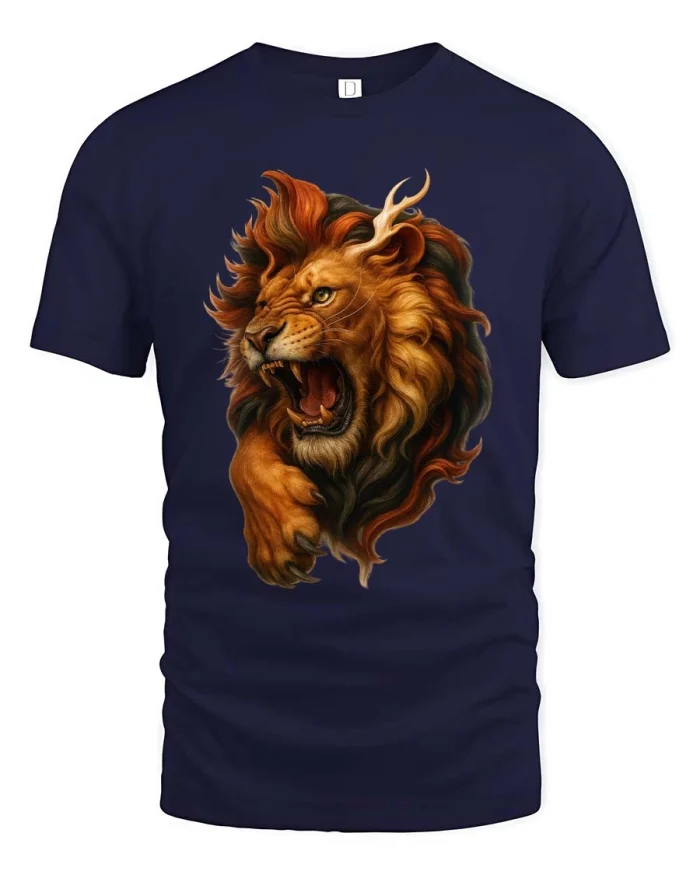Fierce Lion Antler Graphic T Shirt Wild Fantasy Style Art - navy t-shirt on white background