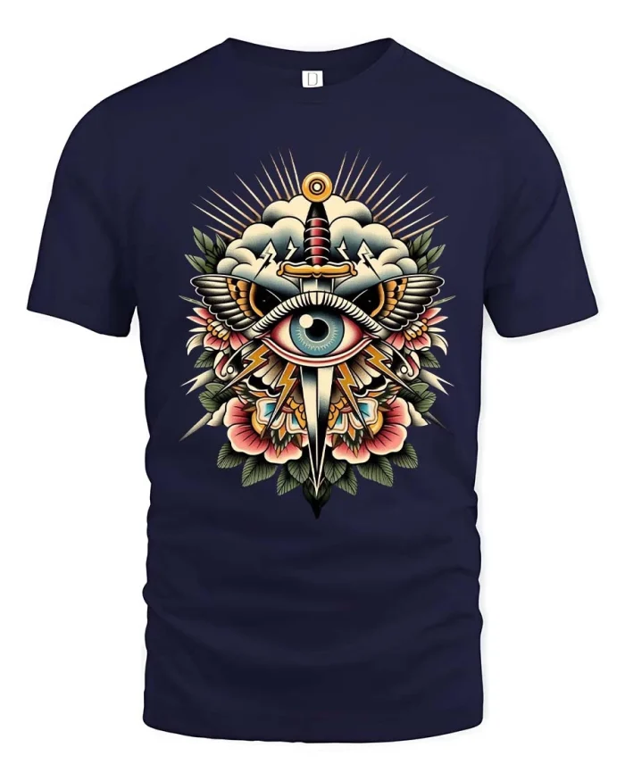 All Seeing Eye Sword Floral Graphic T Shirt Tattoo Style Art - navy t-shirt on white background