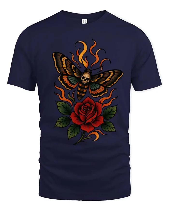 Death Moth Rose Flame Graphic T Shirt Gothic Tattoo Style - navy t-shirt on white background