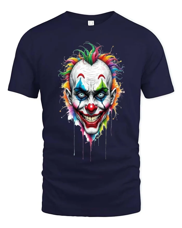 Creepy Rainbow Clown Face Graphic T Shirt Dark Art Style - navy t-shirt on white background