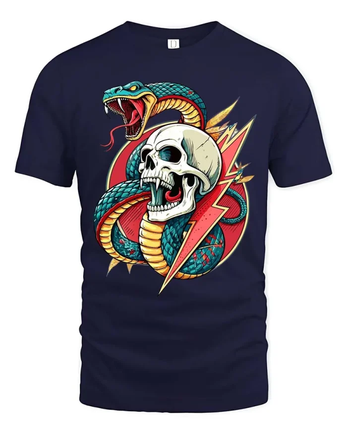 Skull Snake Lightning Graphic T Shirt Tattoo Style Bold Art - navy t-shirt on white background
