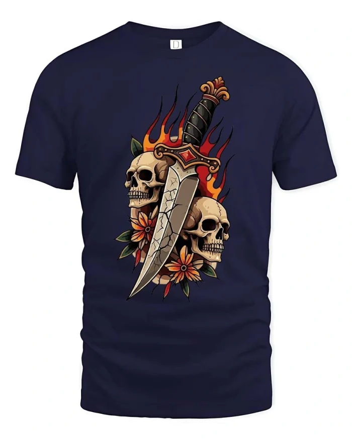 Skull Dagger Flame Graphic T Shirt Tattoo Style Bold Design - navy t-shirt on white background