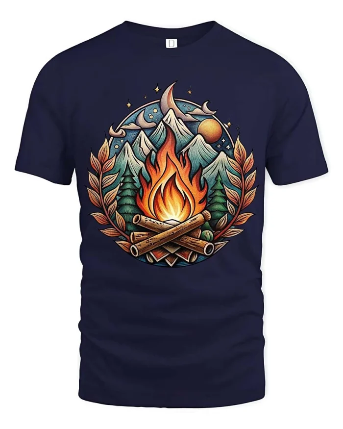 Campfire Mountain Night Graphic T Shirt Nature Adventure Style - navy t-shirt on white background