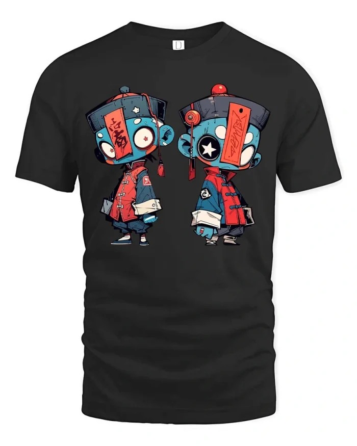 Retro Asian Street Robot Character Graphic T Shirt Style - black t-shirt on white background