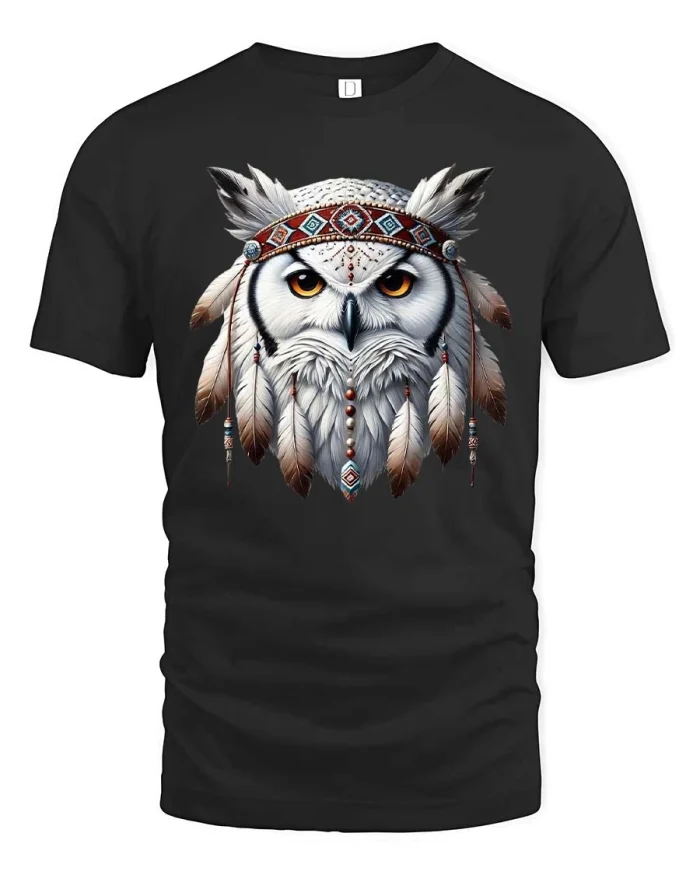 Majestic Owl Feather Headdress Native Style Graphic T Shirt - black t-shirt on white background
