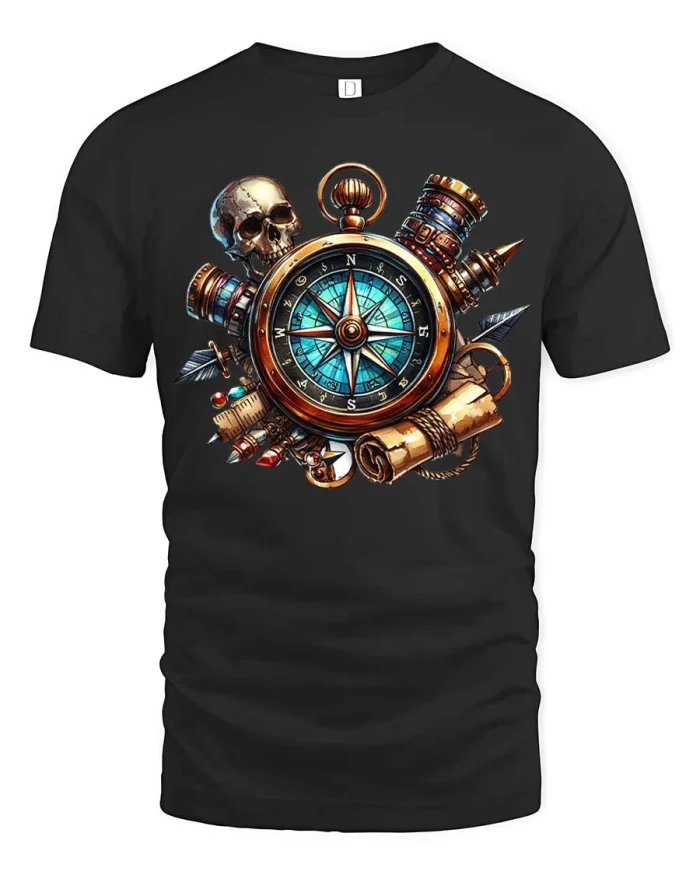 Vintage Pirate Compass Skull Adventure Graphic T Shirt - black t-shirt on white background