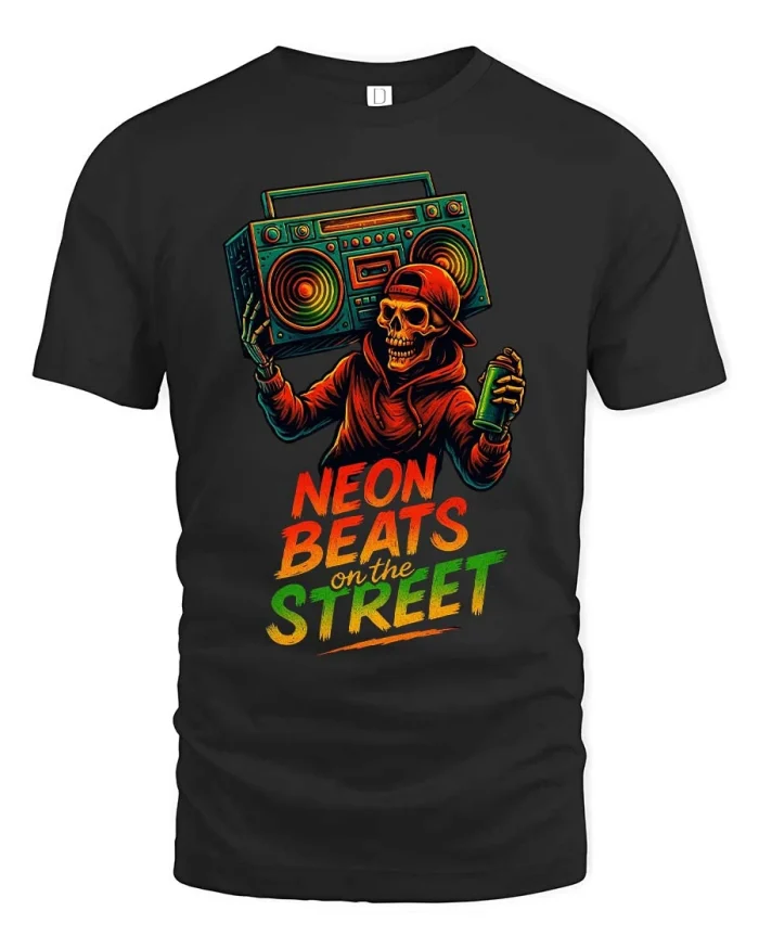 Neon Beats On The Street Skull Boombox Graphic T Shirt - black t-shirt on white background