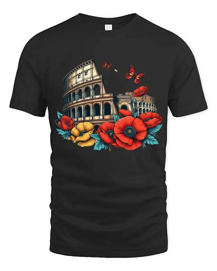 Rome Colosseum Floral Butterfly Artistic Travel Graphic T Shirt - black t-shirt on white background