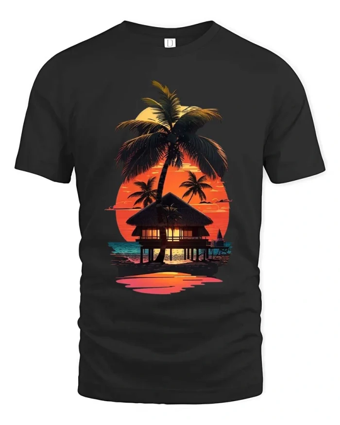 Tropical Sunset Beach Hut Palm Tree Vacation Graphic T Shirt - black t-shirt on white background