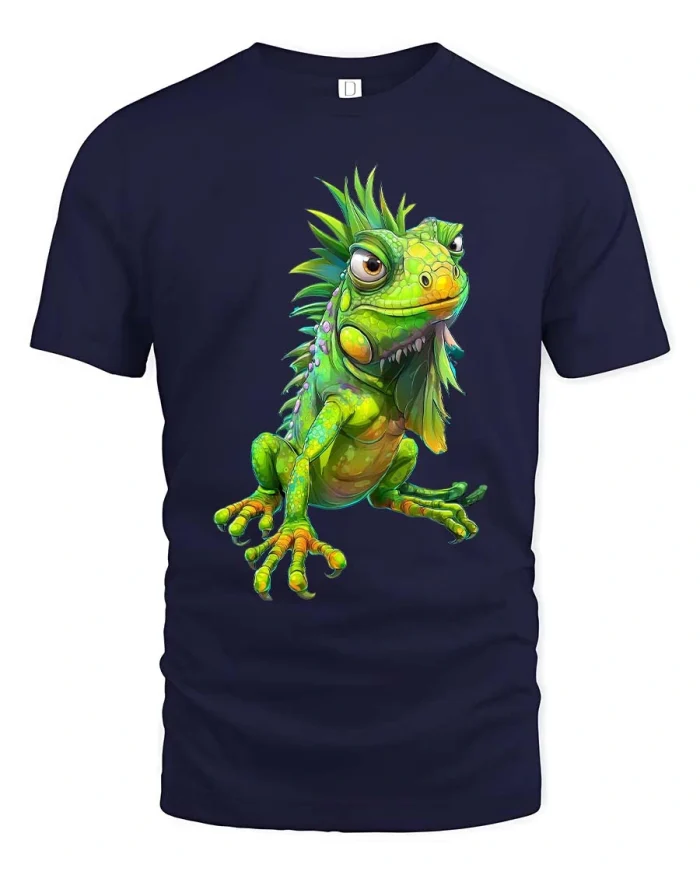 Cute Green Iguana Cartoon Reptile Fun Graphic T Shirt - navy t-shirt on white background