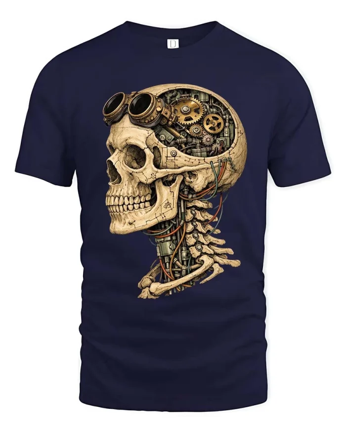 Steampunk Skull Mechanical Brain Vintage Graphic T Shirt - navy t-shirt on white background