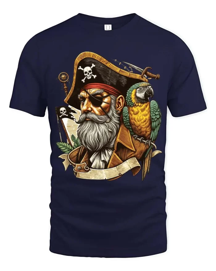 Vintage Pirate Captain Parrot Nautical Adventure Graphic T Shirt - navy t-shirt on white background