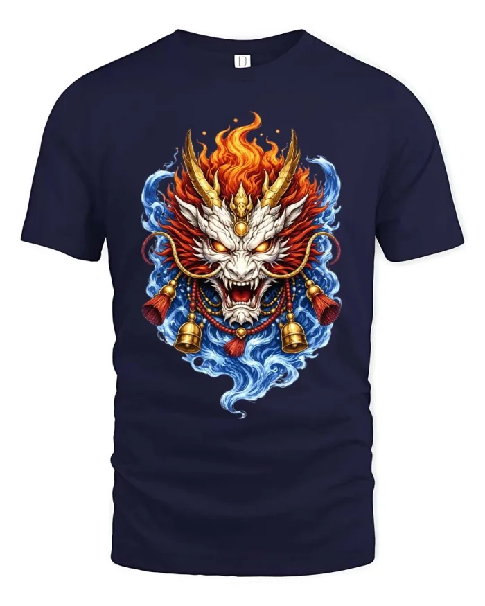 Fierce Fire Dragon Mask Asian Mythology Graphic T Shirt - navy t-shirt on white background
