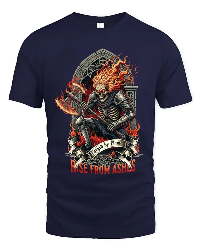 Rise From Ashes Flaming Skull Warrior Graphic T Shirt - navy t-shirt on white background