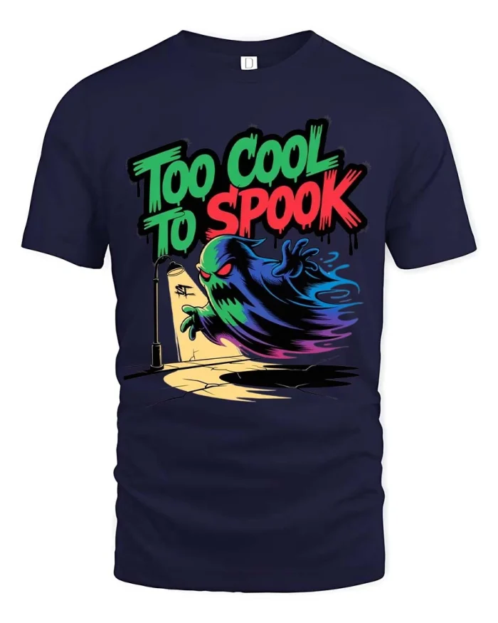 Too Cool To Spook Funny Ghost Halloween Graphic T Shirt - navy t-shirt on white background