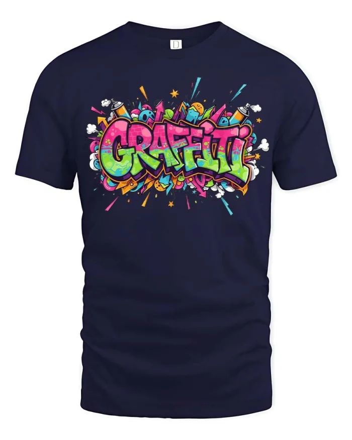 Colorful Graffiti Art Street Style Urban Graphic T Shirt - navy t-shirt on white background