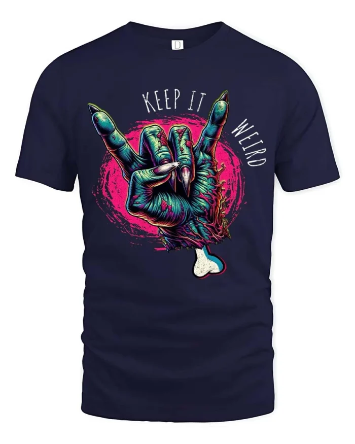 Keep It Weird Zombie Hand Rock Gesture Graphic T Shirt - navy t-shirt on white background