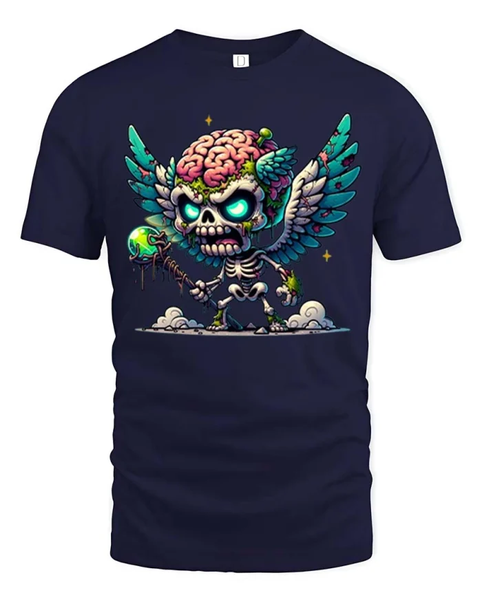 Flying Zombie Skull Brain Monster Fantasy Graphic T Shirt - navy t-shirt on white background