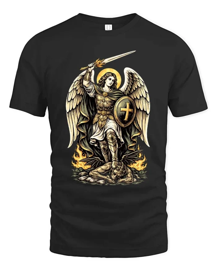 Archangel Warrior Sword Shield Faith Victory Graphic T Shirt - black t-shirt on white background