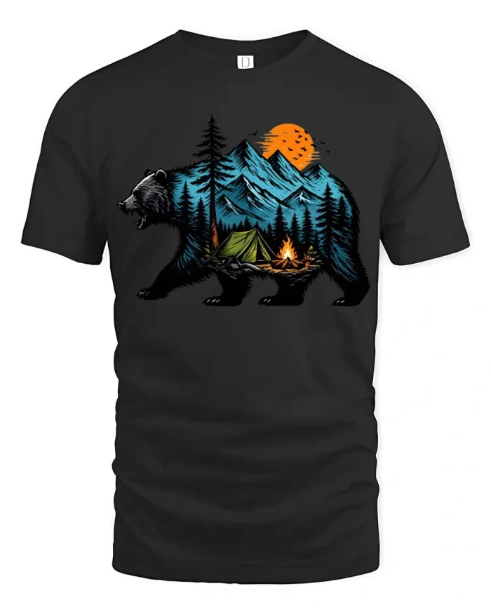 Bear Camping Mountain Sunset Nature Adventure Graphic T Shirt - black t-shirt on white background