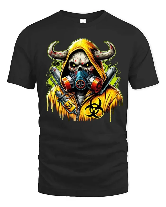 Biohazard Skull Hooded Warrior Gas Mask Apocalypse T Shirt - black t-shirt on white background