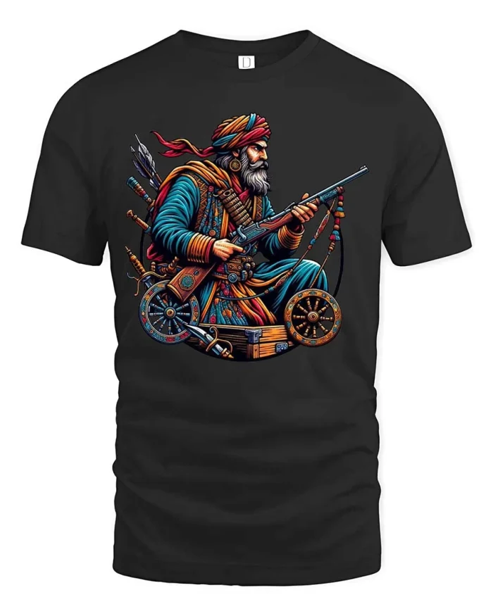 Vintage Warrior Hunter Rifle Tribal Style Graphic T Shirt - black t-shirt on white background