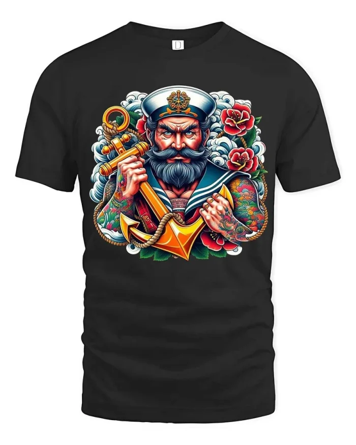 Vintage Sailor Anchor Tattoo Style Nautical Graphic T Shirt - black t-shirt on white background