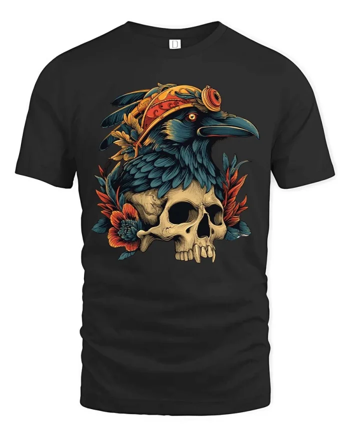 Raven Skull Floral Gothic Dark Art Vintage Graphic T Shirt - black t-shirt on white background