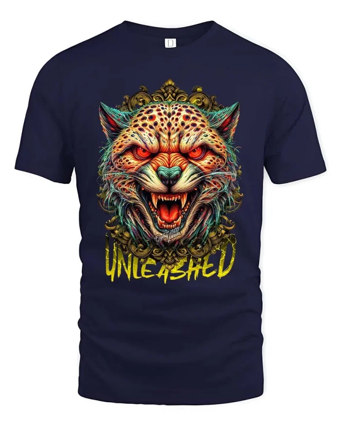 Unleashed Wild Leopard Face Fierce Animal Graphic T Shirt - navy t-shirt on white background