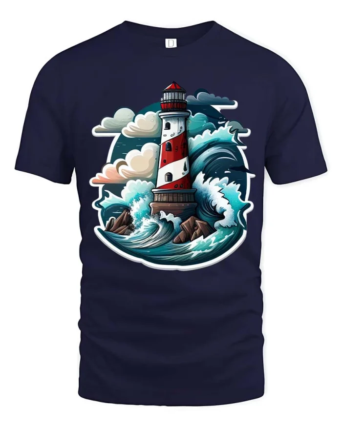 Lighthouse Ocean Waves Coastal Nautical Scenic Graphic T Shirt - navy t-shirt on white background