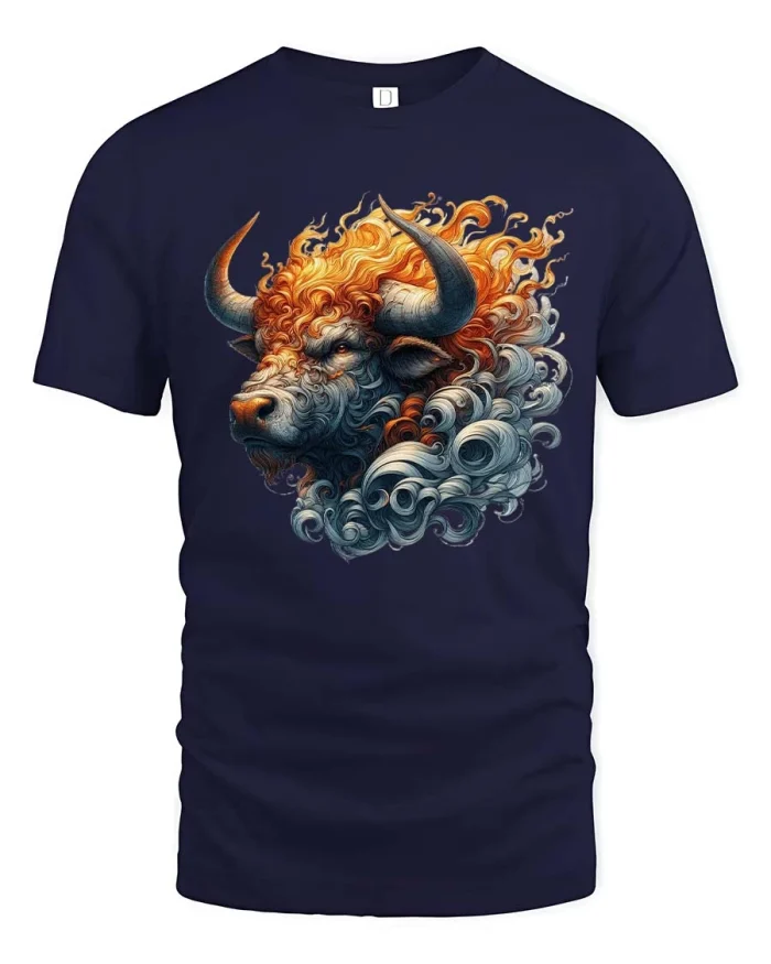 Fiery Bull Head Smoke Power Strength Artistic Graphic T Shirt - navy t-shirt on white background